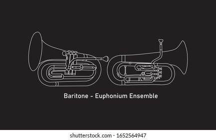 White outline baritone and euphonium ensemble isolated on black background. Musical instrument for template or art school dictionary illustration