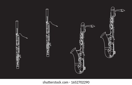 White outline baritone and saxophone ensembles isolated on black background. Musical instruments for template or art school dictionary illustration