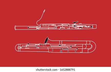 White outline bassoon and contrabassoon duet isolated on red background. Musical instruments for template or art school dictionary illustration