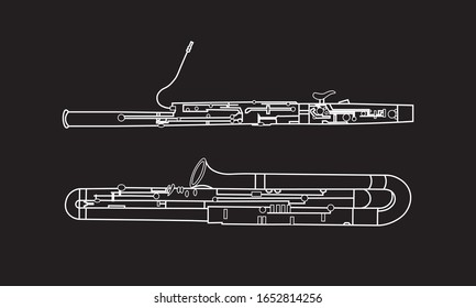 White outline bassoon and contrabassoon on black background. Musical instruments for template or art school dictionary illustration