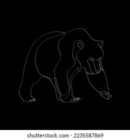 White outline bear on black background. Graphic drawing. Vector illustration.