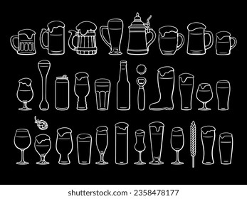 White outline beer glasses and mugs on black background. hand drawn beer glassware set. Black and white vector illustration.