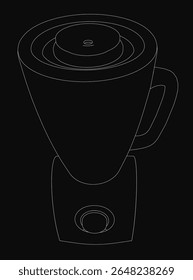 Um contorno branco de um liquidificador em um fundo preto, uma ilustração vetorial minimalista com linhas limpas e alto contraste. O design simples apresenta arestas afiadas e espaço negativo, tornando-o versátil.