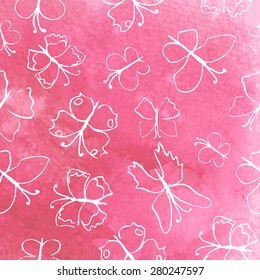 White outline butterflies isolated on pink watercolor background, hand drawn vector seamless pattern, decorative background, designed texture, ornament for package cosmetic, wallpaper, beauty salon