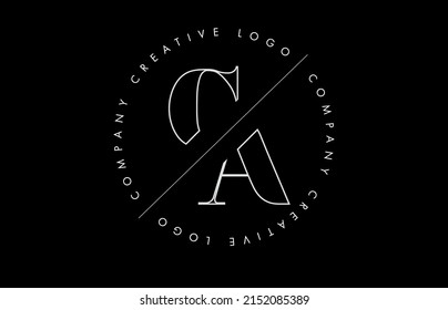 White Outline CA c a Letter Logo with Cut and Intersected Design. Round Frame Vector Illustration.