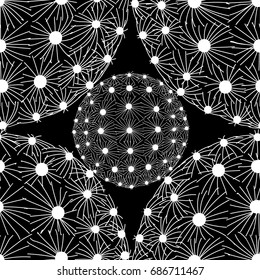 White outline cactus on black background. White dot & line in round shape on black background. Seamless pattern vector illustration.