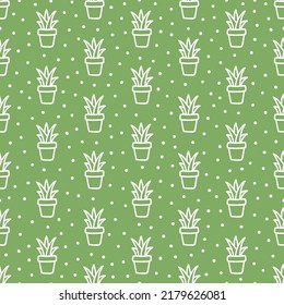 White outline cactus seamless pattern with green background.