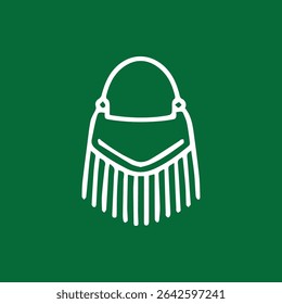 A white outline of a chic fringe handbag against a solid green backdrop. A fashionable accessory with a touch of elegance.