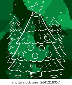White Outline Christmas Trees with Ornaments on Dark Green Textured Background