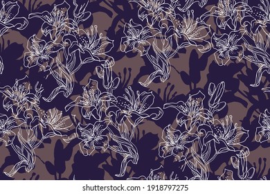 White outline Chrysanthemum flowers, silhouettes, buds and leaves of black Lily flowers. Elegant wavy seamless pattern drawn by hand on dark background. 