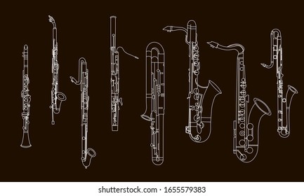 White outline clarinets, oboe, saxophones, bassoon and contrabassoon isolated on black background. Musical instruments for template or art school dictionary illustration