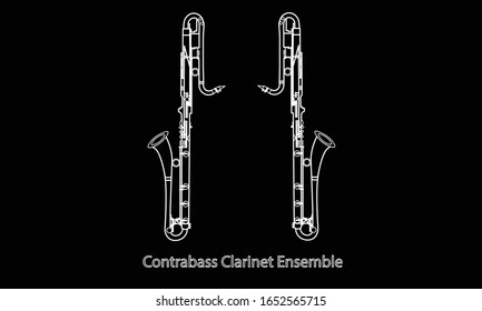 White outline contrabass clarinet ensemble isolated on black background. Musical instruments for template or art school dictionary illustration