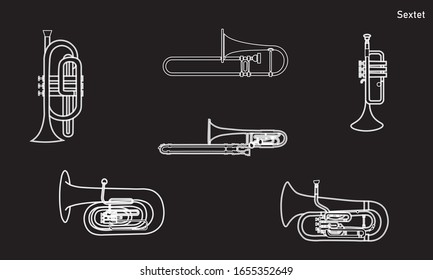 White outline cornet, baritone, euphonium, trumpet and trombone isolated on black background. Musical instruments for template or art school dictionary illustration