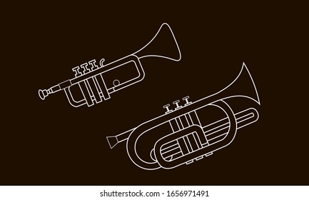 White outline cornet and trumpet isolated on black background. Musical instruments for template or art school dictionary illustrations