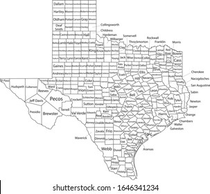 White Outline Counties Map With Counties Names of US State of Texas