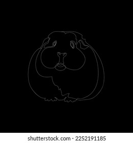 White outline cute guinea pig on black background. Graphic drawing. Vector illustration.