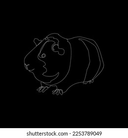 White outline cute guinea pig on black background. Graphic drawing. Vector illustration.