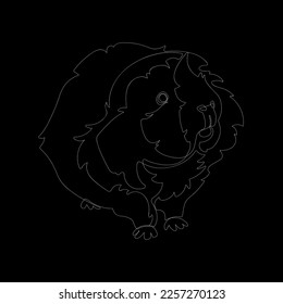 White outline cute guinea pig on black background. Graphic drawing. Vector illustration.