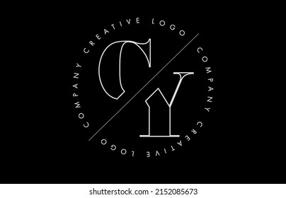 White Outline CY c y Letter Logo with Cut and Intersected Design. Round Frame Vector Illustration.