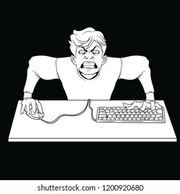 White Outline Drawing Of An Angry Gamer At The Computer