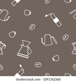 white outline drawing of coffee accessories seamless pattern on brown background, Manual brew coffee concept in outline cartoon