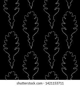 White outline drawing of oak leaves on a black background. Autumn pattern. Seamless pattern. For decor fabric, paper, Wallpaper, packaging.