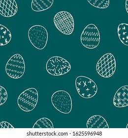 White outline Easter eggs with a pattern on a dark background. Easter seamless pattern for design. Cute Easter wallpaper with eggs.
