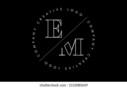 White Outline EM e m Letter Logo with Cut and Intersected Design. Round Frame Vector Illustration.