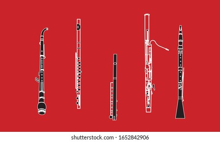 White outline English horn, flute, piccolo, bassoon and oboe on  red background. Musical instruments for template or art school dictionary illustration