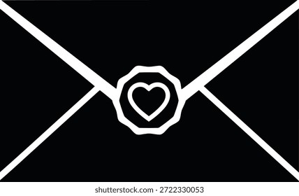 Un contorno blanco de un sobre está sellado con un sello de cera blanca con forma de corazón. El gráfico se coloca sobre un fondo negro sólido.