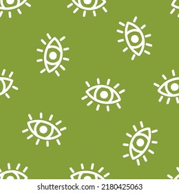 White outline eyes seamless pattern with green background.