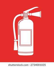 A white outline of a fire extinguisher is shown against a bright red background. The fire extinguisher is depicted in a simplified, graphic style, emphasizing its essential components like the tank, hose, and nozzle.