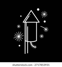 White outline of a firework rocket with starbursts and circles on black explosion celebration