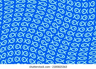 Patrón de peces de esquema blanco sobre fondo azul, fondo abstracto azul y blanco.