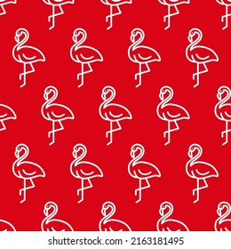 White outline flamingo seamless pattern with red background.