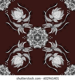 White outline floral decor. White element on brown background. Line art seamless border for design template. Vector illustration for invitations, cards, web page. Eastern style element.