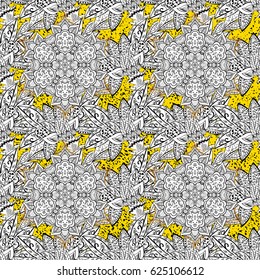 White outline floral decor. White element on yellow background. Vector illustration for invitations, cards, certificate, web page. Eastern style element. Vector line art border for design template.