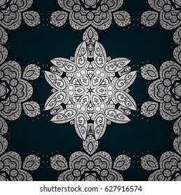 White outline floral decor. White element on blue background. Eastern style element. Vector line art border for design template. Vector illustration for invitations, cards, certificate, web page.