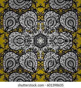 White outline floral decor. Vector line art border for design template. Vector illustration for invitations, cards, certificate, web page. White element on yellow background. Eastern style element.