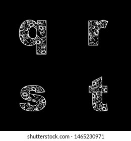 White outline floral isolated four letters isolated on black background