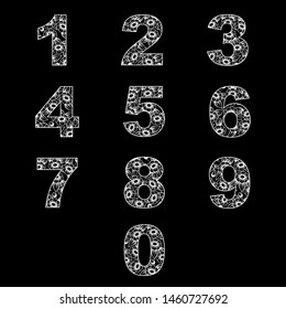 White outline floral numbers isolated on black background