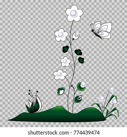 A white outline of flowers is drawn, green leaves are stems and grass. Inside there are pearls. A flying butterfly is depicted.