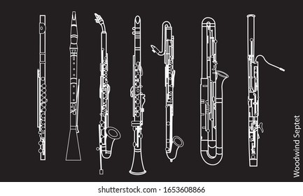 White outline flute, oboe, bassoon, contrabassoon, piccolo and saxophones isolated on black background. Musical instruments for template or art school dictionary illustration