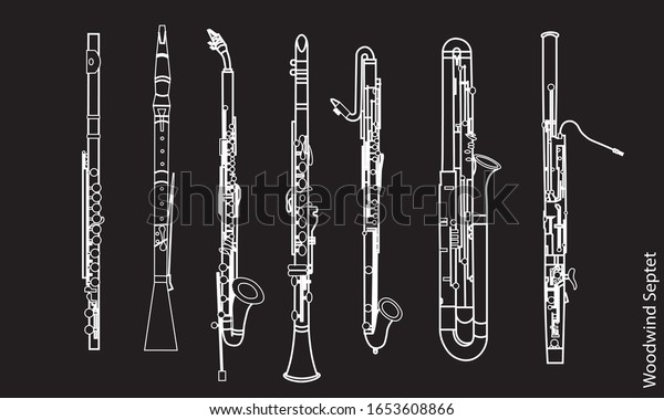 White outline flute,\
oboe, bassoon, contrabassoon, piccolo and saxophones isolated on\
black background. Musical instruments for template or art school\
dictionary illustration