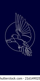 White outline flying dove and circle on dark blue background. Card template design. Vector illustration.