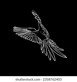 White outline flying macaw on black background. Graphic drawing. Vector illustration.