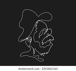 the white outline forms the head of an old man in a hat against a dark background