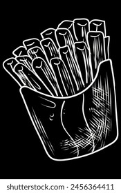 white outline of French fries on a black background