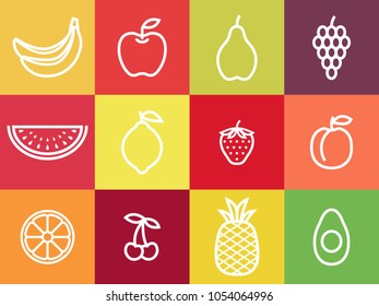 White outline fruit icon set. White stroke fruits icons centered in colorful squares, no fill color