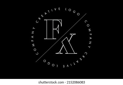 White Outline FX f x Letter Logo with Cut and Intersected Design. Round Frame Vector Illustration.